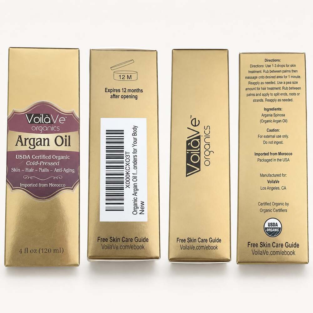 VoilàVe Organics USDA Certified Organic Cold-Pressed Argan Oil 4 fl oz